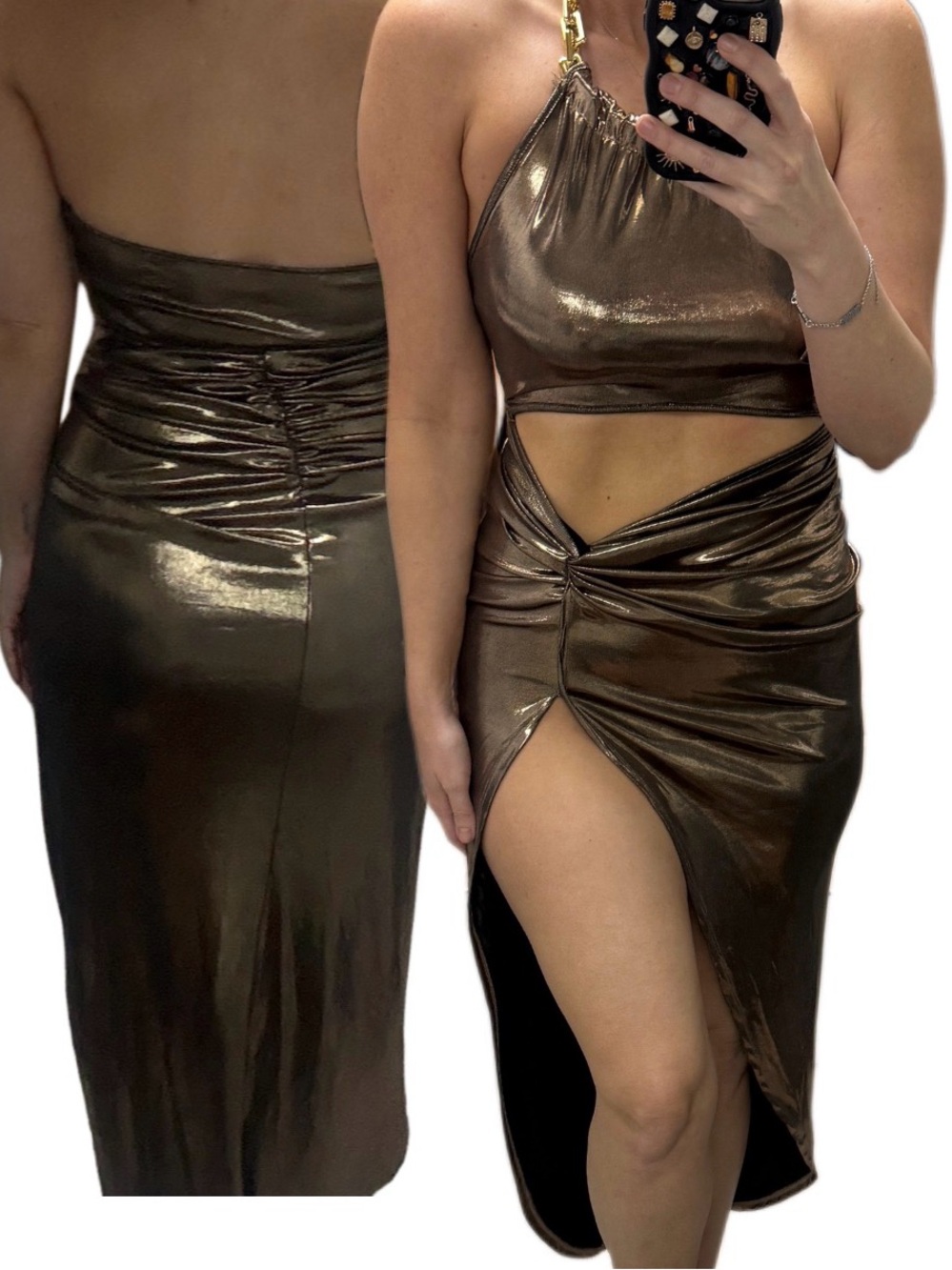 New Metallic Bronze Cutout Halter Midi disco front slit Dress Sz S cleopatra